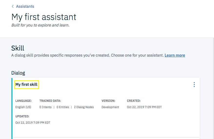 Crea la prima skill in Watson Assistant