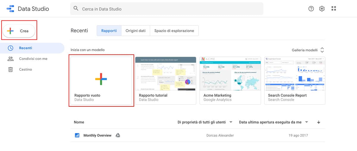 Aggiunta di una nuova origine dati in Google Data Studio