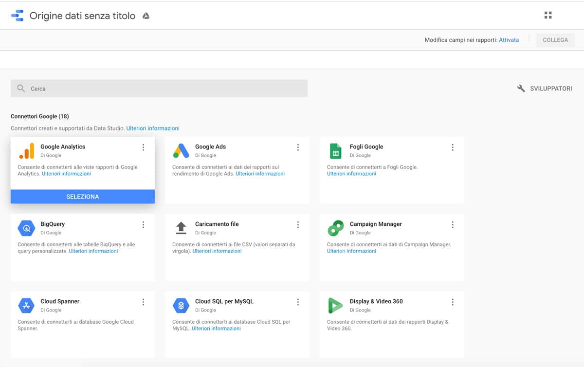 Le opzioni dell'origine dati in Google Data Studio