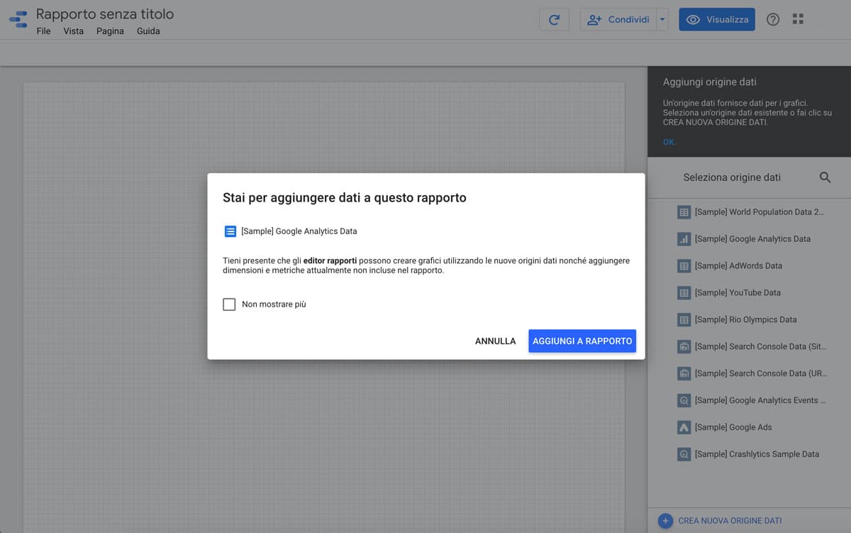 Aggiunta di un'origine dati a un nuovo rapporto in Google Data Studio