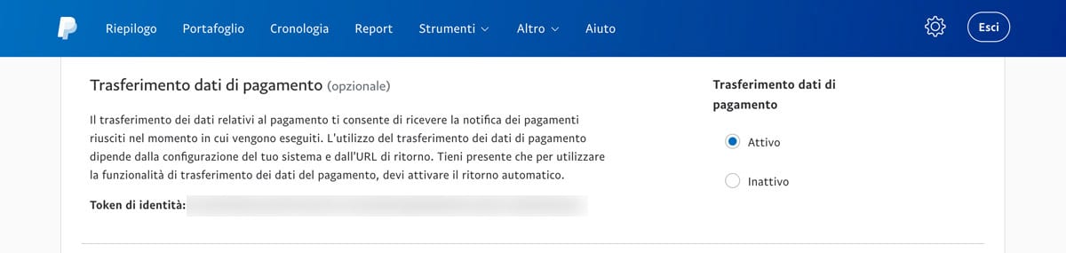 Come abilitare il trasferimento dei dati di pagamento e ottenere il token di identità, che verrà utilizzato per configurare PayPal su WooCommerce