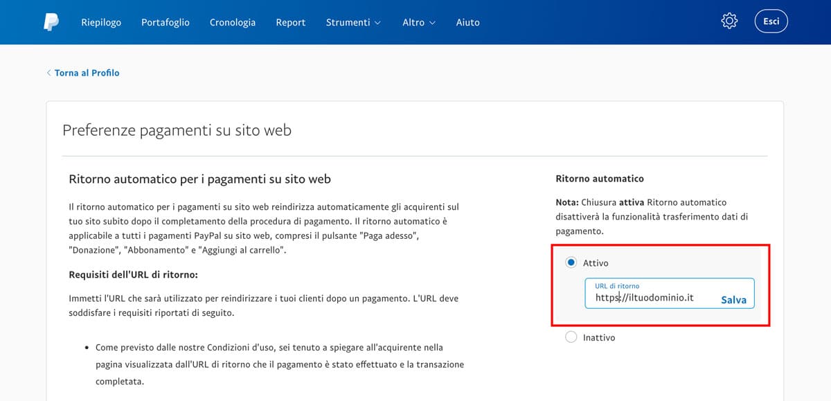 Come abilitare l'opzione di ritorno automatico PayPal per i pagamenti