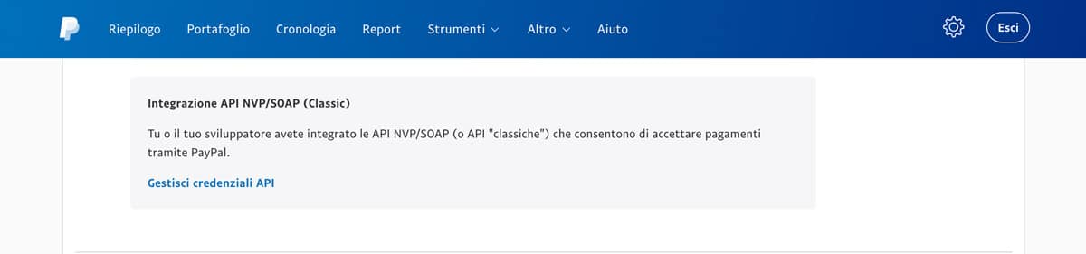 La sezione Integrazione API NVP / SOAP (classica)