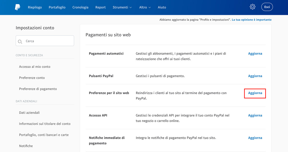 Pulsante Aggiorna dell'opzione Preferenze del sito Web per ottenere il token di identità di PayPal