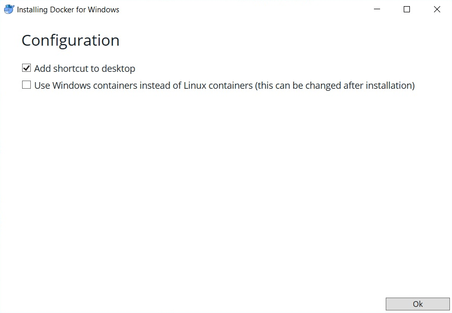 Opzioni di configurazione durante l'installazione di Docker su Windows
