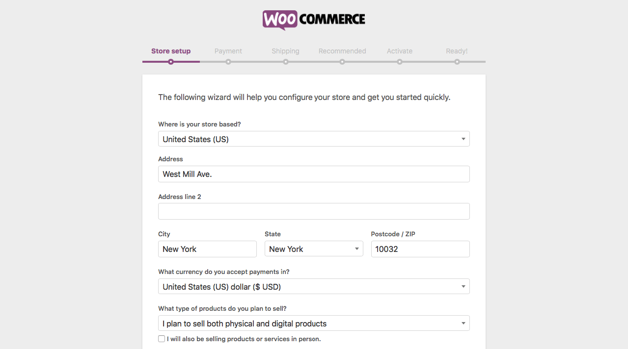 Procedura guidata per la configurazione iniziale di WooCommerce