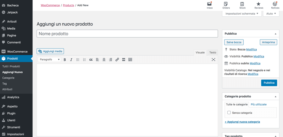 L'interfaccia di creazione del prodotto in WooCommerce