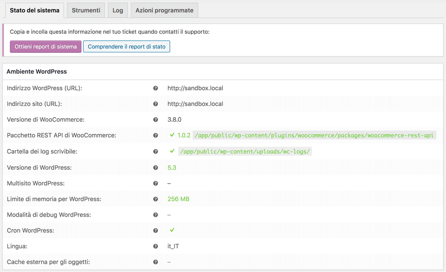 Stato del sistema in WooCommerce