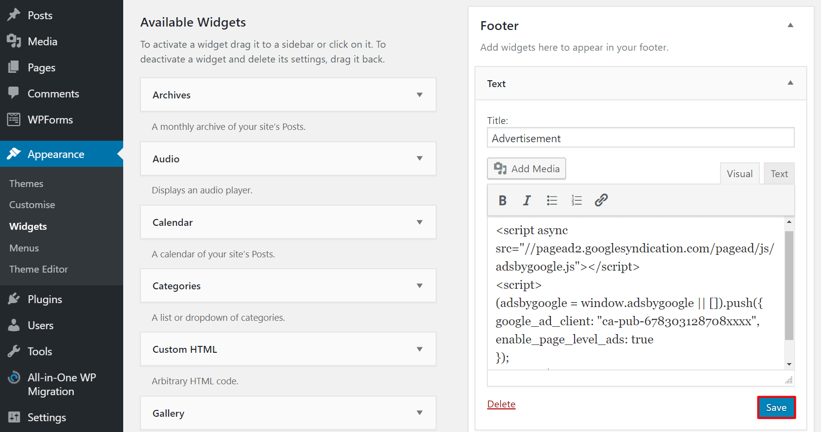 inserisci il codice adsense in WordPress
