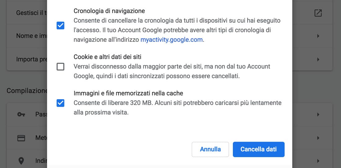 Cancellare immagini e file memorizzati nella cache in Chrome per risolvere l' errore HTTP 401