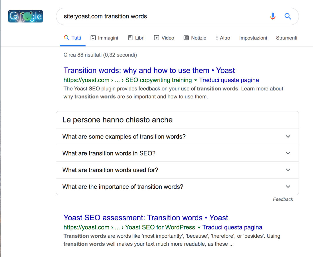 Una ricerca su Google per i post di Yoast sulle parole di transizione