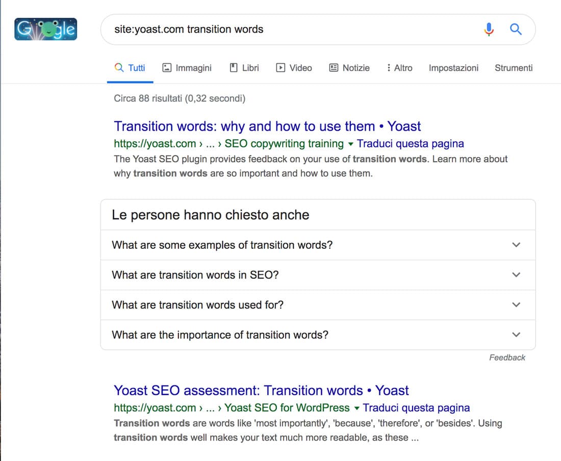 Una ricerca su Google per i post di Yoast sulle parole di transizione