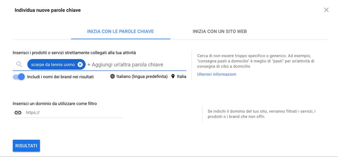 Scopri nuove parole chiave con Keyword Planner