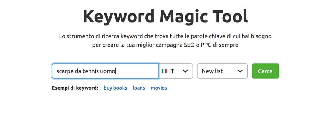 Utilizzo di SEMRush per eseguire una ricerca per parola chiave.