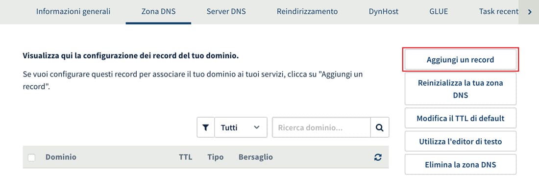 Aggiunta di un nuovo record DNS