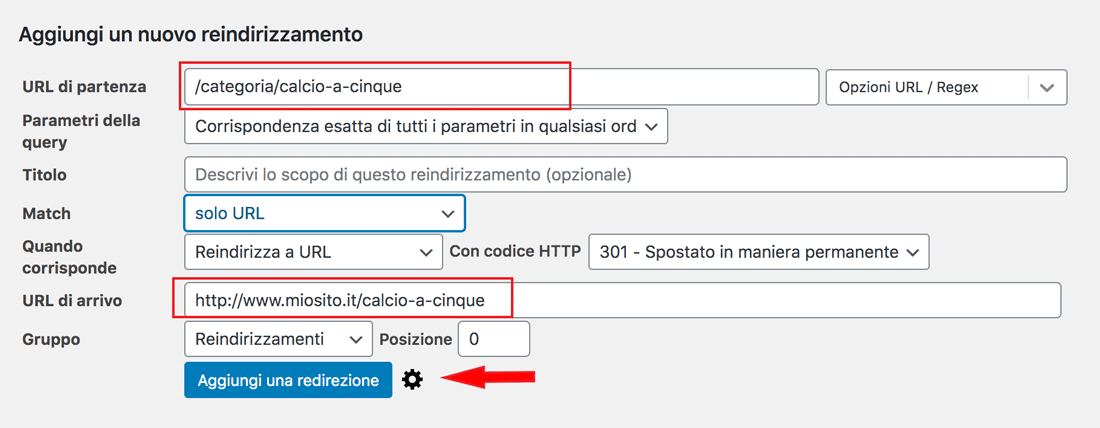 Esempio di un redirect 301 con plugin  in WordPress