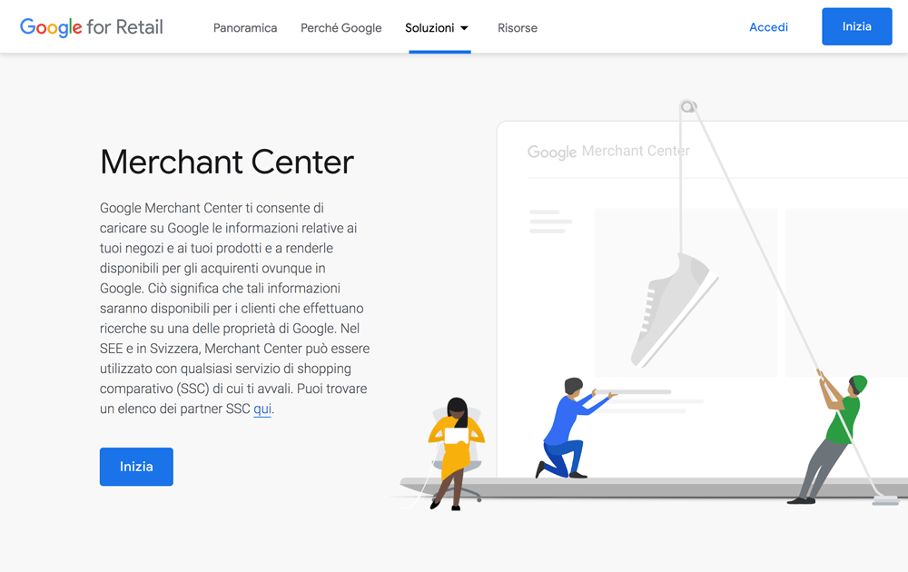 Il sito web di Google Merchant Center.