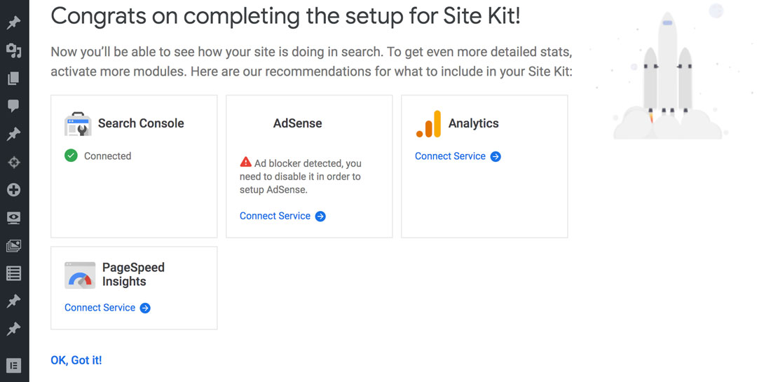 Messaggio di successo dell'installazione del plugin Google Site Kit per WordPress