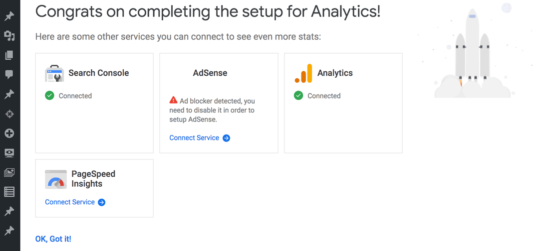 Il messaggio di successo che vedrai dopo aver collegato Analytics