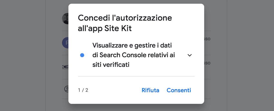 Concessione delle autorizzazioni necessarie per il plugin WordPress Google Site Kit