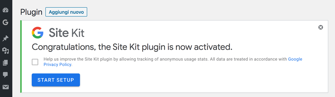 Impostazione del plugin Google site kit per WordPress sul sito web
