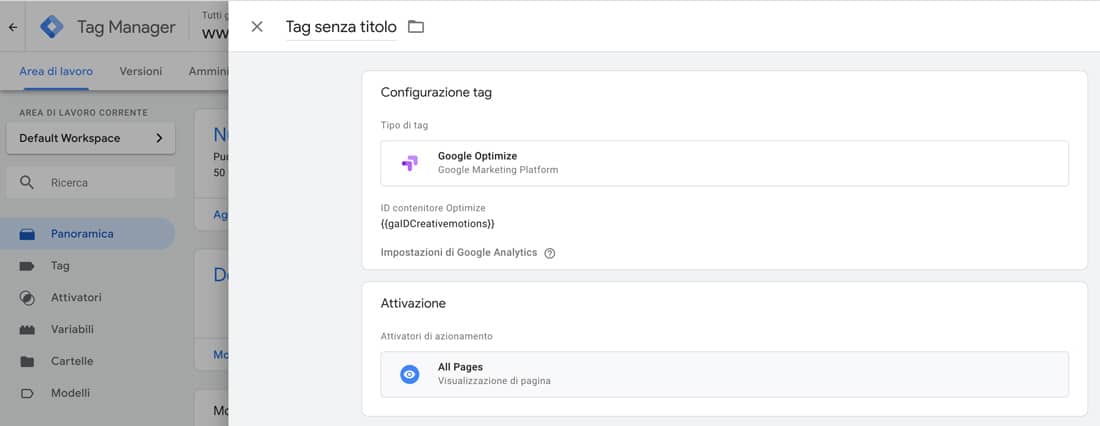 Installazione di Google Optimize tramite Google Tag Manager