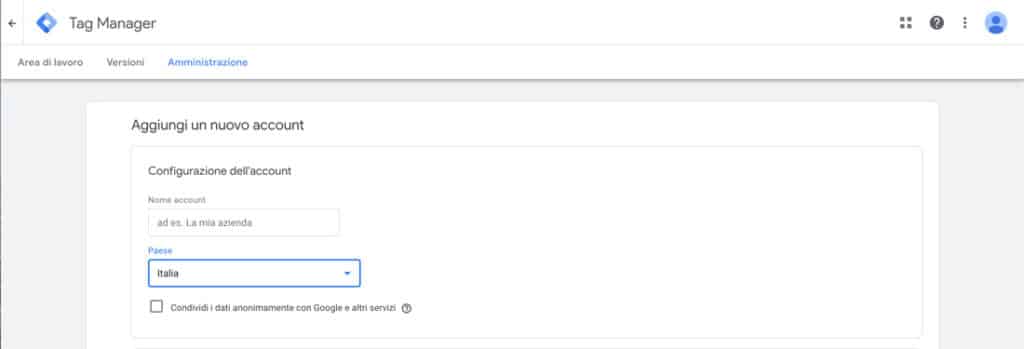 Impostazione del nome e del paese di origine del tuo account Google Tag Manager