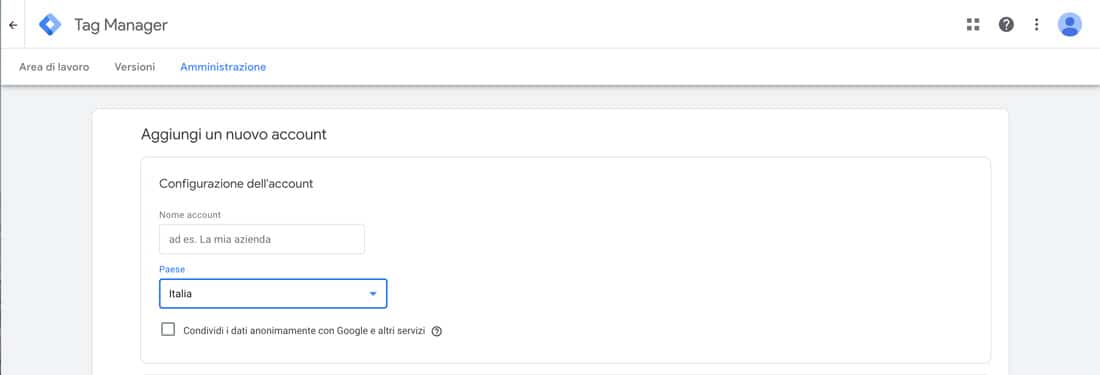 Impostazione del nome e del paese di origine del tuo account Google Tag Manager
