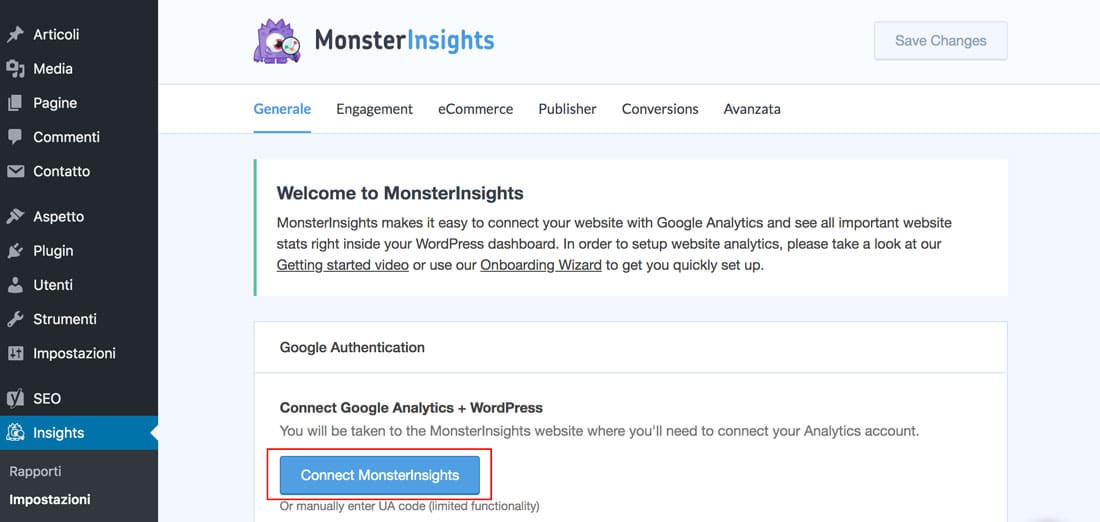 google analytics wordpress plugin autenticazione