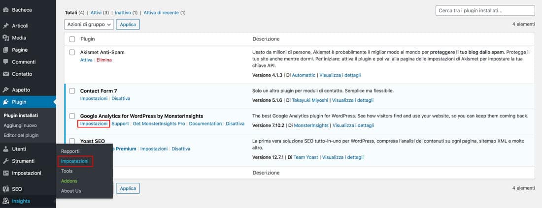 Configurazione del plugin google analytics per wordpress