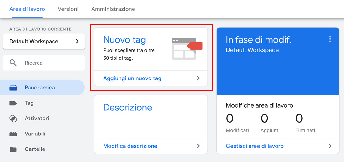 Il link Nuovo tag nell'interfaccia di Google Tag Manager
