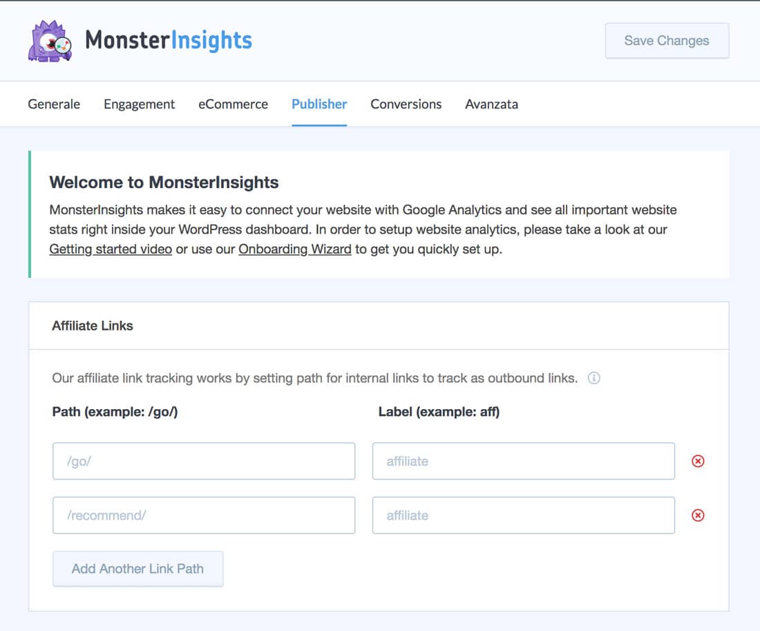 Impostazioni di Monster Insights