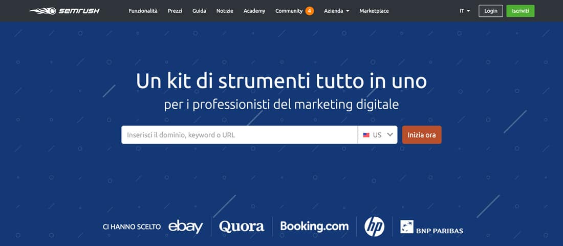 La homepage di SEMRush uno dei migliori strumenti SEO per WordPress