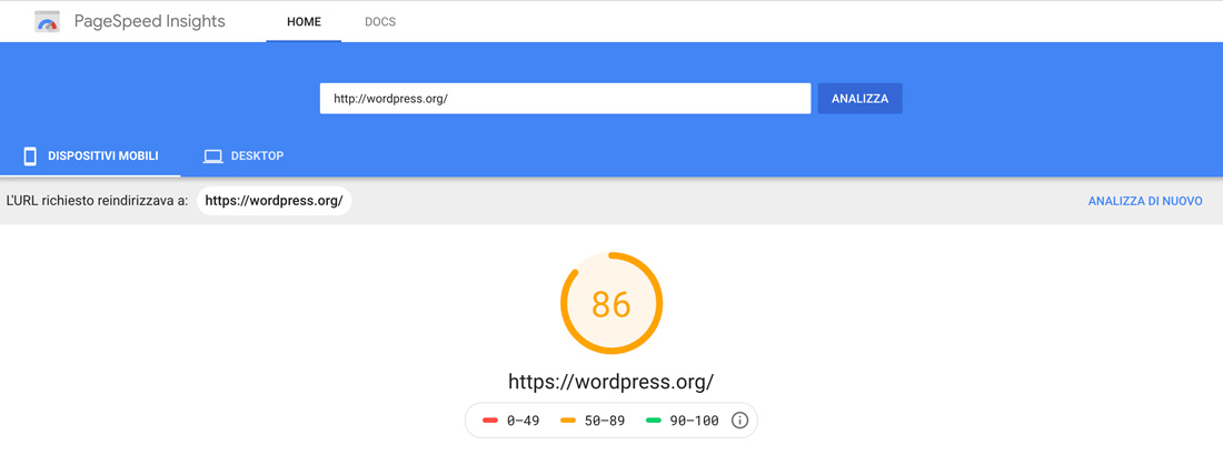 Una pagina di risultati da Google Page Speed ​​Insights