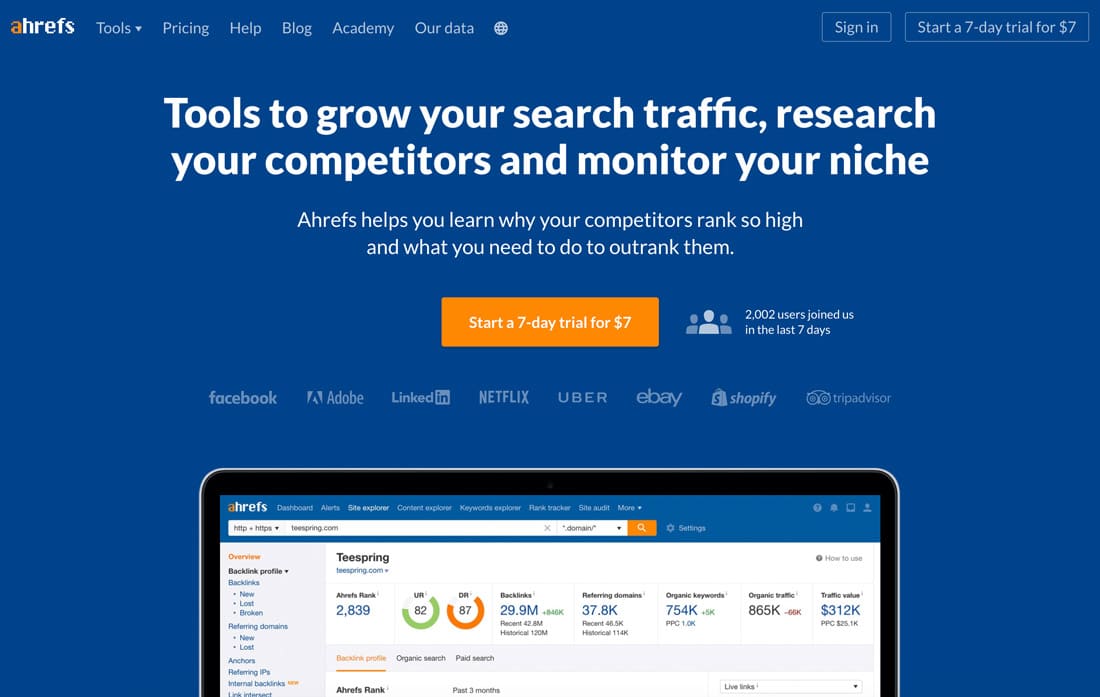 La homepage di AHRefs uno dei migliori strumenti SEO per WordPress