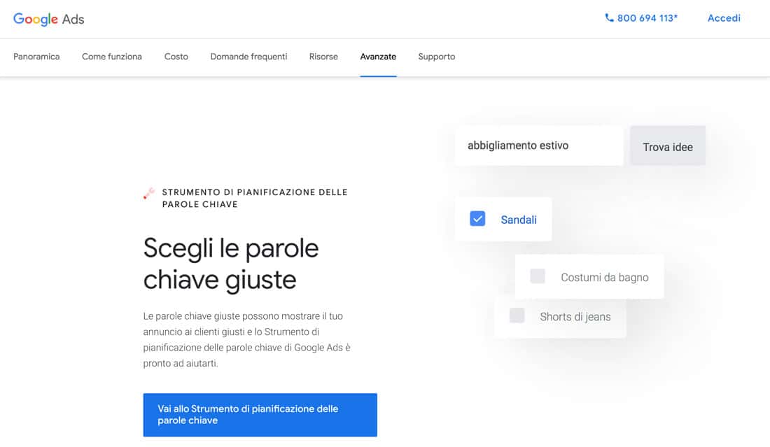 Pagina web di Google Keyword Planner