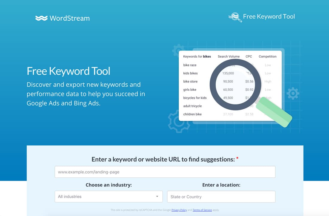 Pagina Home dello strumento per le parole chiave di WordStream