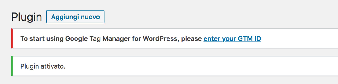 Notifica nella dashboard di WordPress che comunica di inserire il tuo ID GTM
