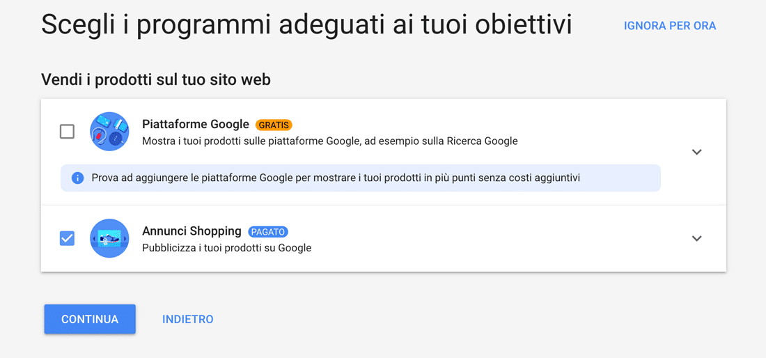 Selezione del programma di annunci commerciali