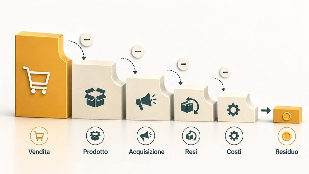 Dropshipping: cos’è, come funziona e quando conviene davvero 2 Visualizzazione dei costi che riducono il margine di un ordine dropshipping dal prezzo di vendita al residuo