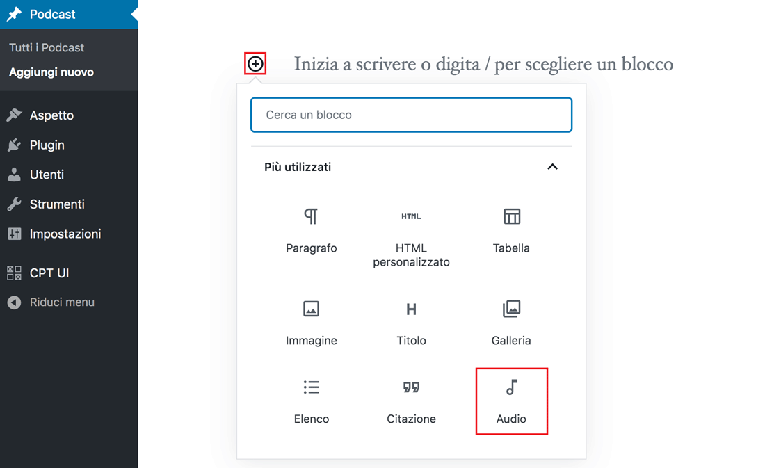 Aggiungi blocco a gutenberg audio a un post di wordpress