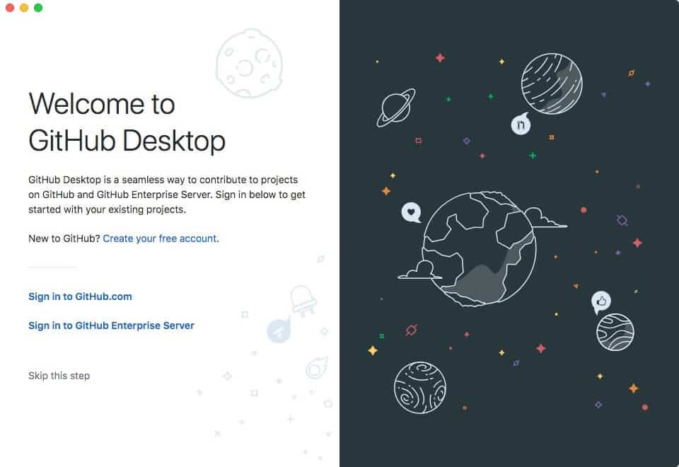 Schermata di benvenuto di Github desktop