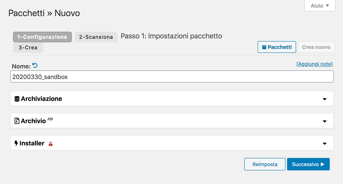 Impostazione di un nome per il pacchetto Duplicator