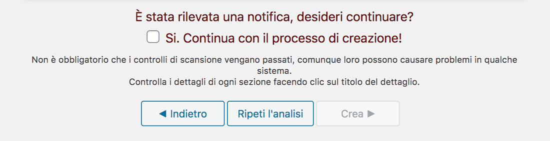 Notifica di accettazione processo di creazione del pacchetto con Duplicator