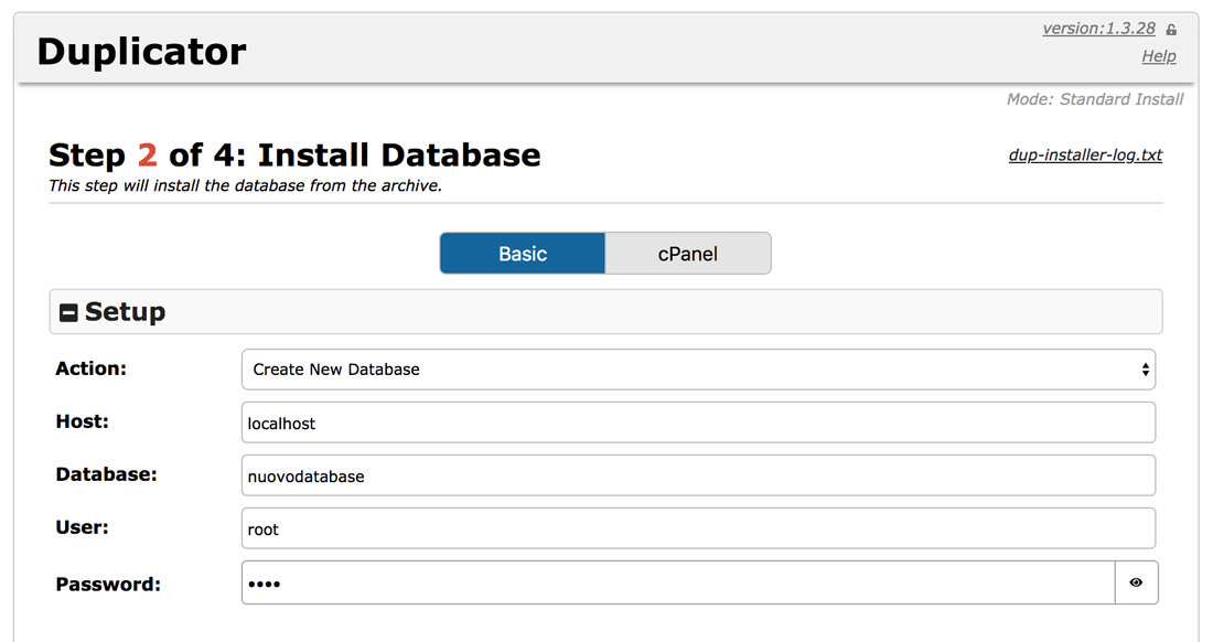 Configurazione delle impostazioni del database su duplicator