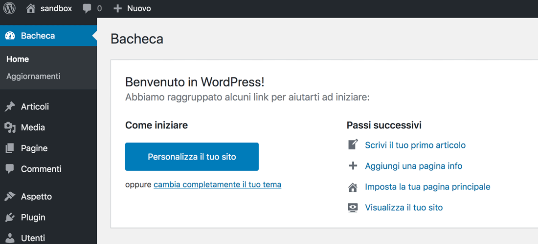 La Dashboard che conclude il processo di installazione di WordPress in locale con MAMP