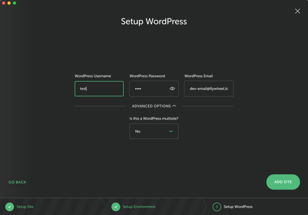 Impostazione del nome utente, della password e dell'email di WordPress su Local By FlyWheel