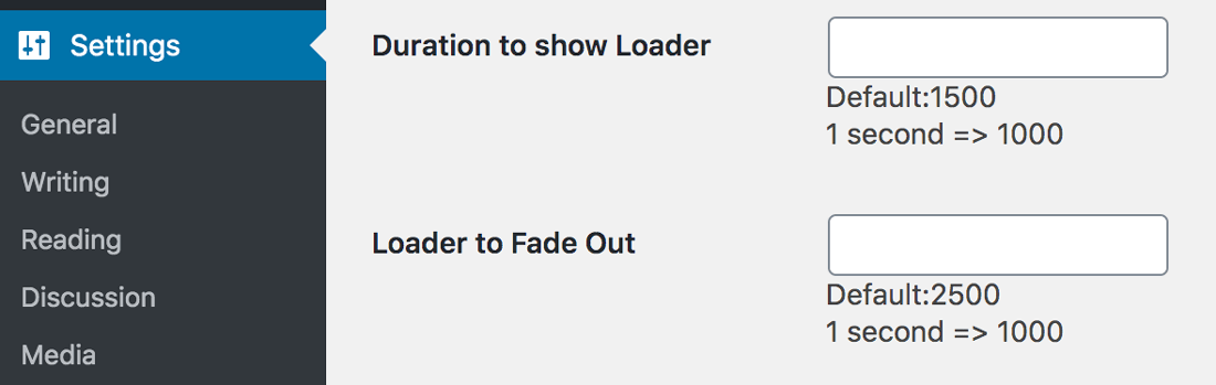 Opzioni di durata e animazione di fade out del preloader