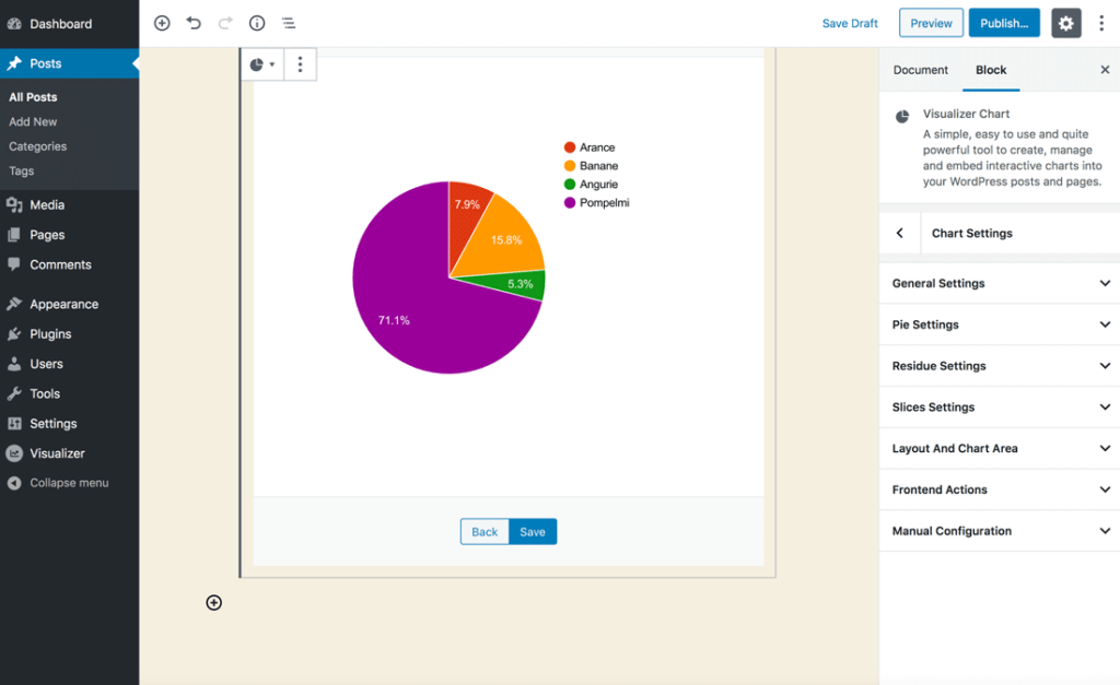 Configurazione del grafico a torta tramite l'Editor blocchi