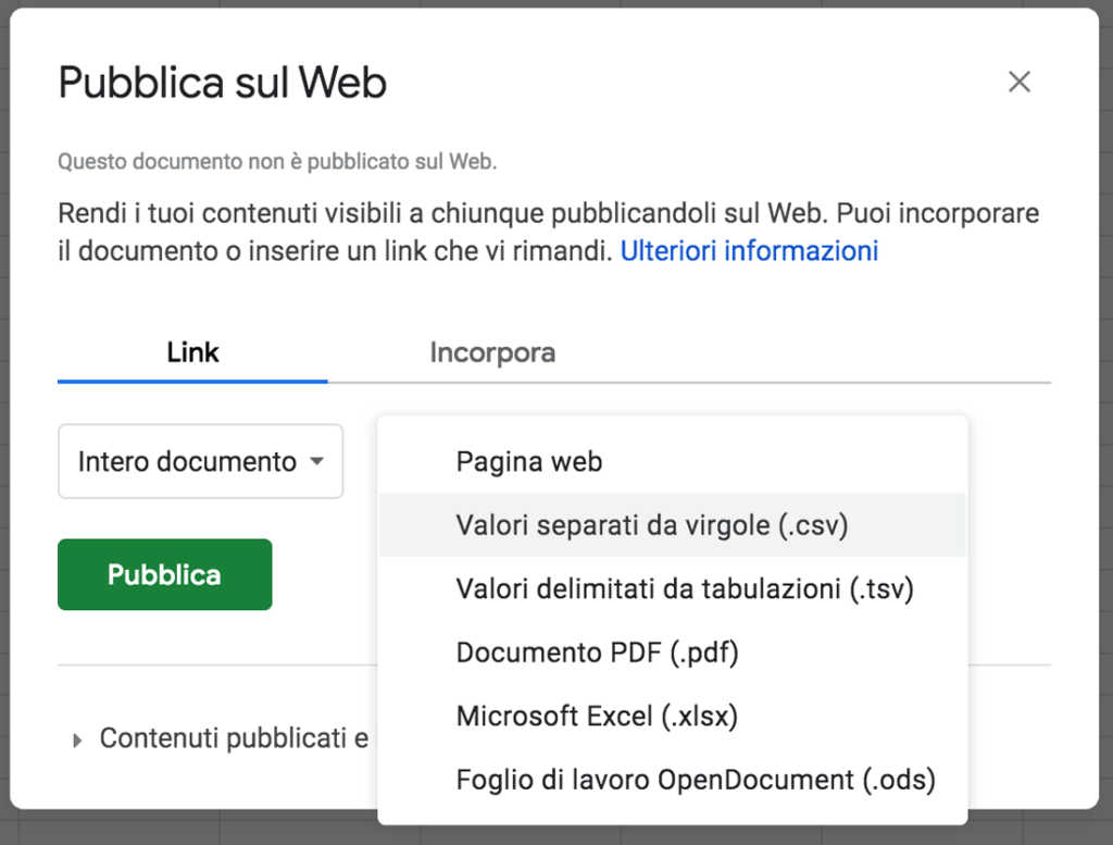 Pubblicazione di Fogli Google sul Web in formato CSV per l'importazione in WordPress